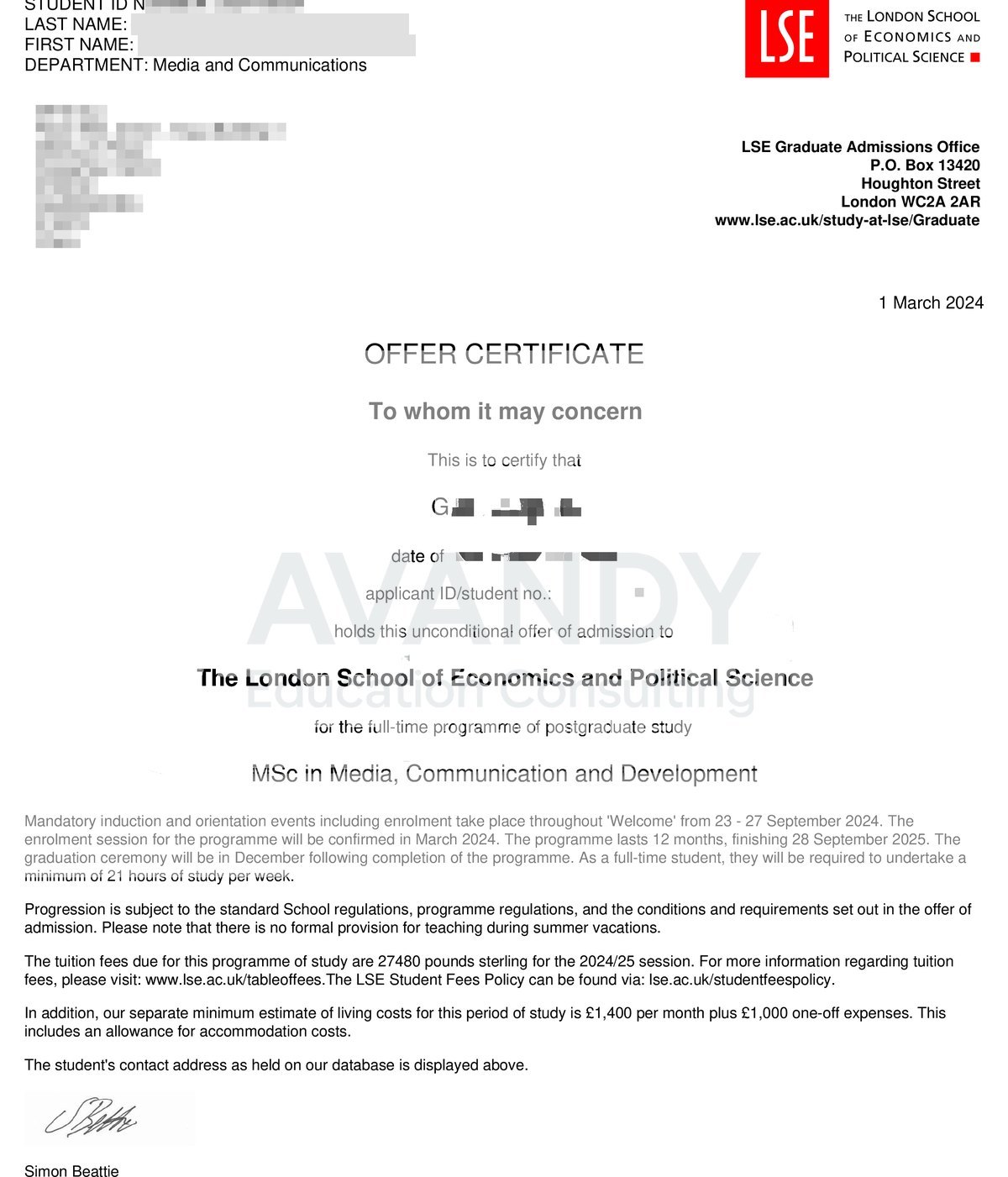 Documentación verificada del resultado de admisión