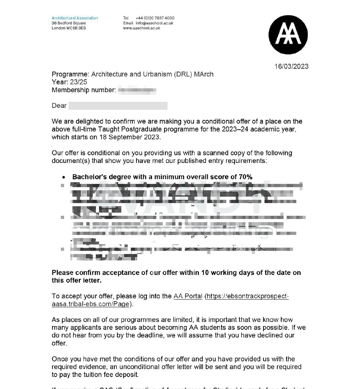 Documentación verificada del resultado de admisión