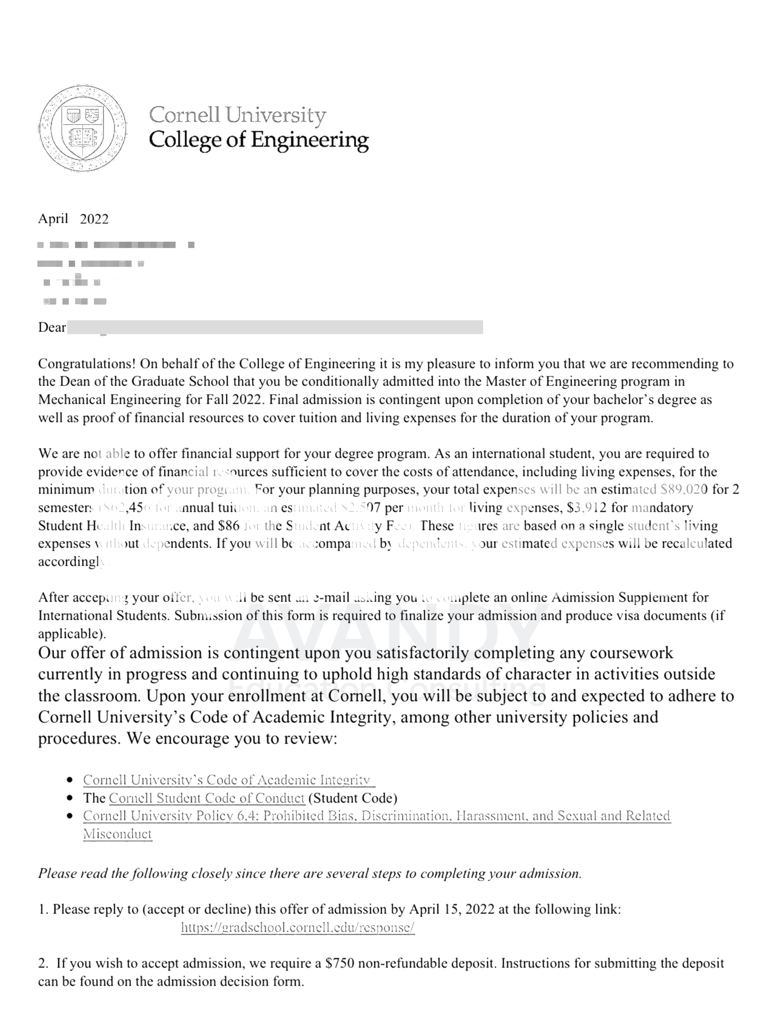 Documentación verificada del resultado de admisión
