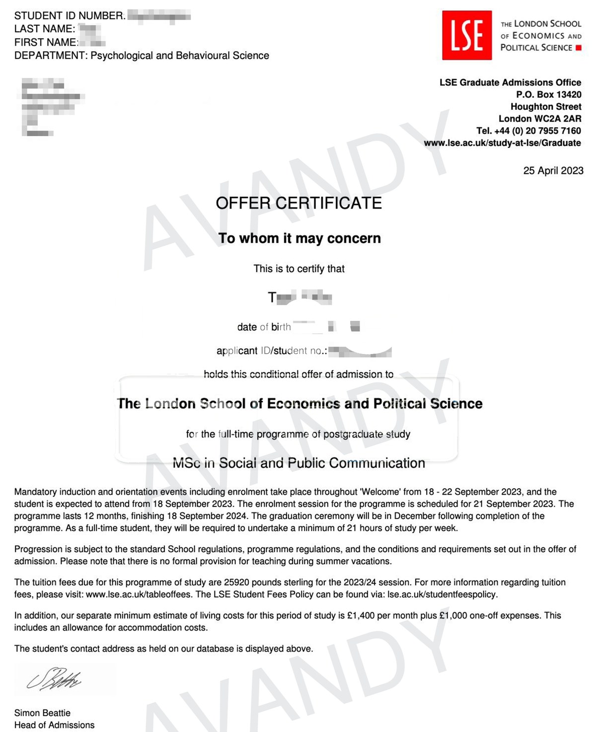 Documentación verificada de la oferta de MSc Social and Public Communication en London School of Economics and Political Science