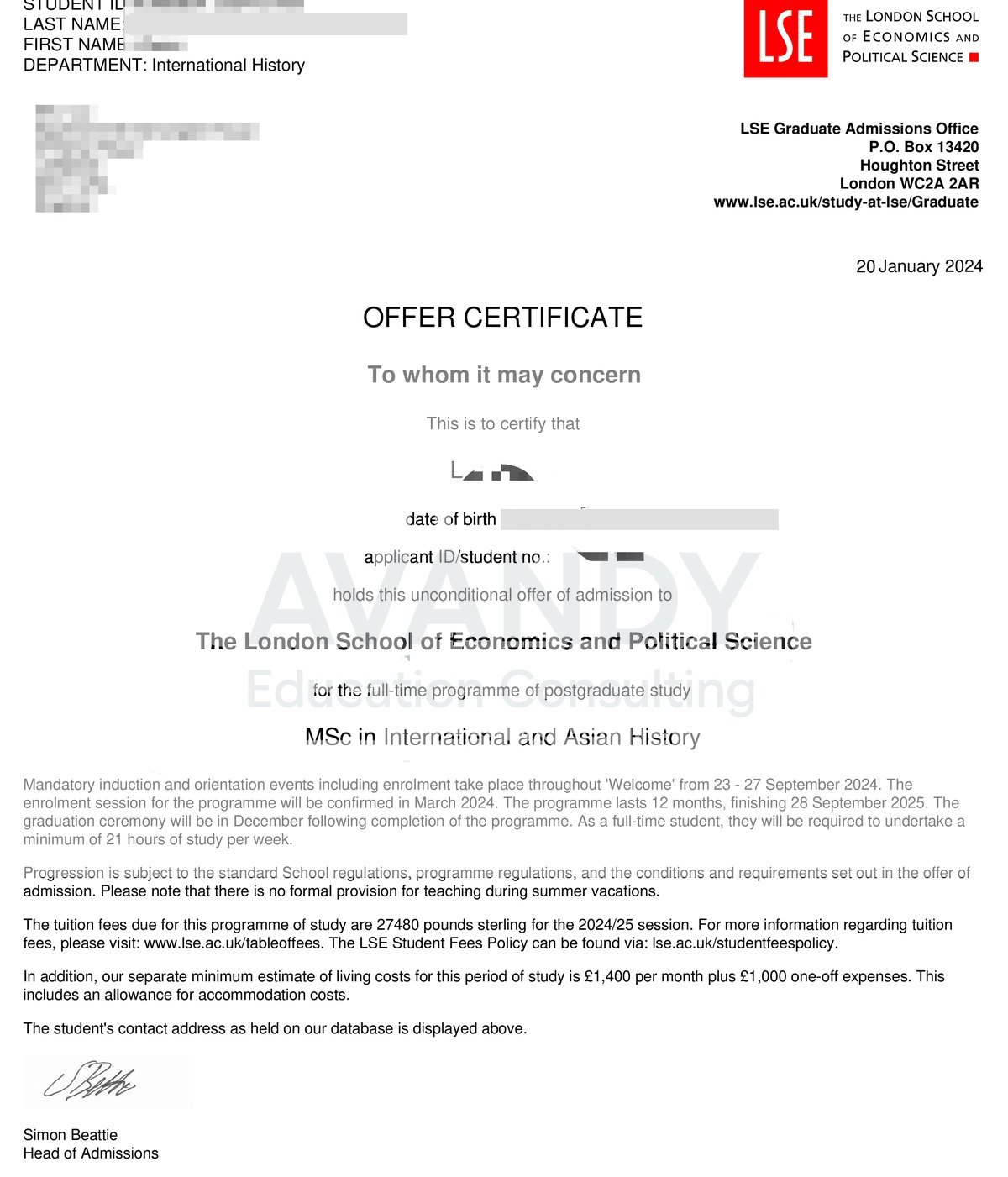 Documentación verificada del resultado de admisión