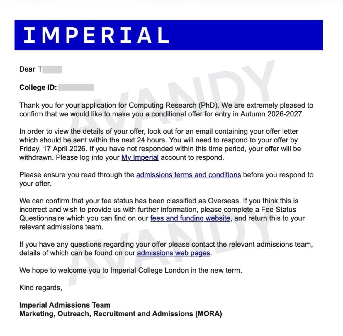 Documento verificado del resultado de admisión en Imperial College London