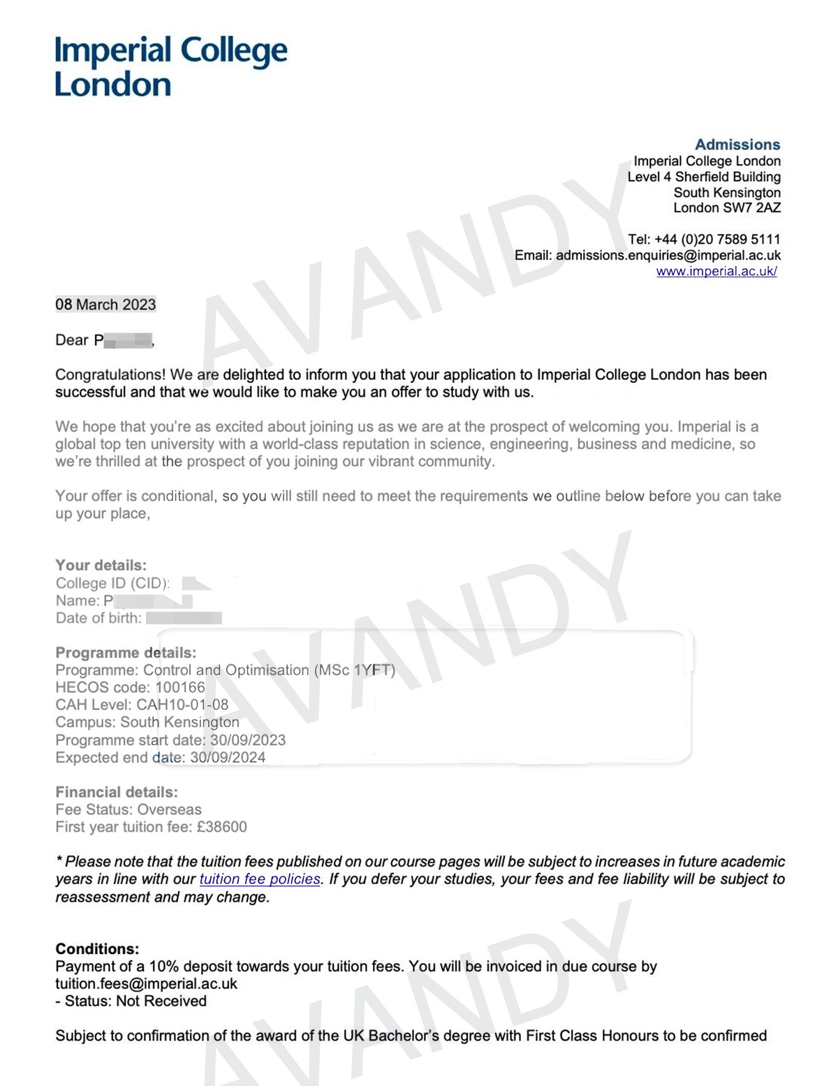 Documentación verificada de la oferta de MSc Control and Optimisation en Imperial College London