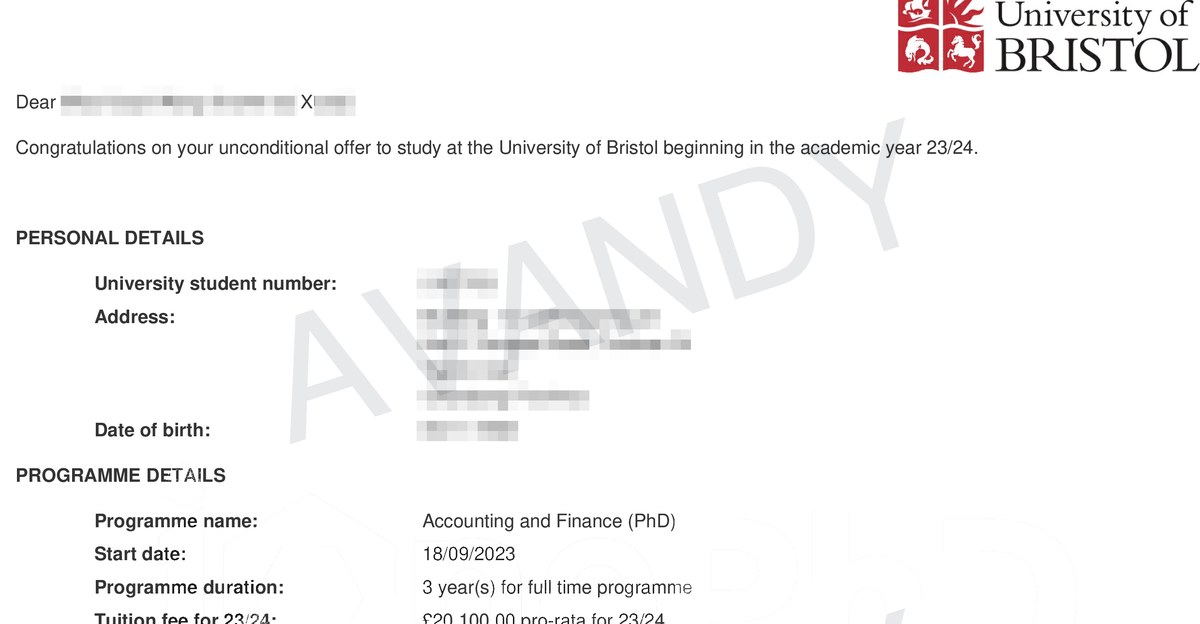 Documentación verificada de la oferta de PhD in Accounting and Finance en University of Bristol