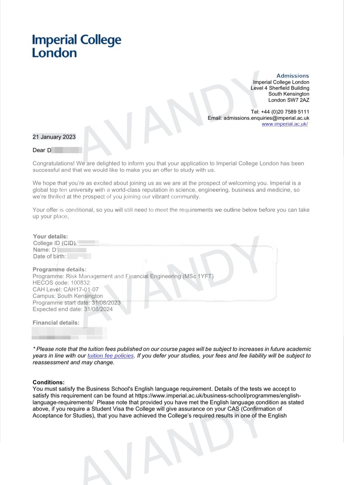 Documentación verificada de la oferta de MSc Risk Management and Financial Engineering en Imperial College London