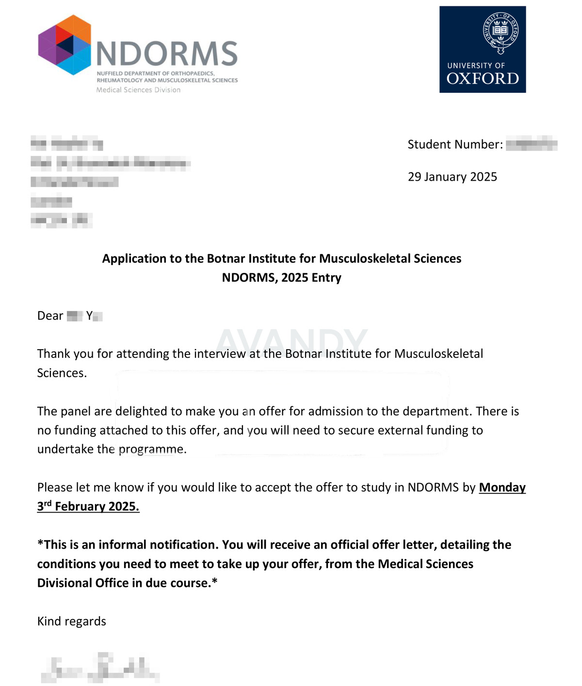 Documentación verificada de admisión al MSc in Musculoskeletal Sciences de University of Oxford