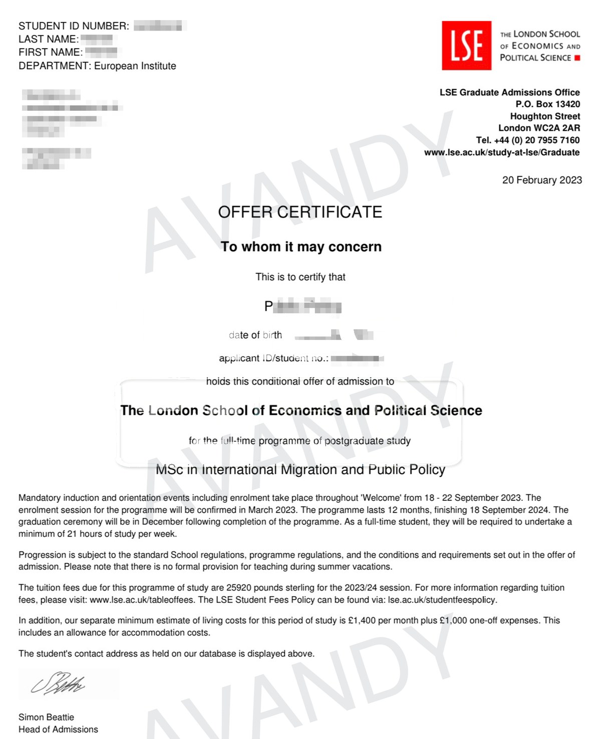 Documentación verificada de la oferta de MSc International Migration and Public Policy en London School of Economics and Political Science