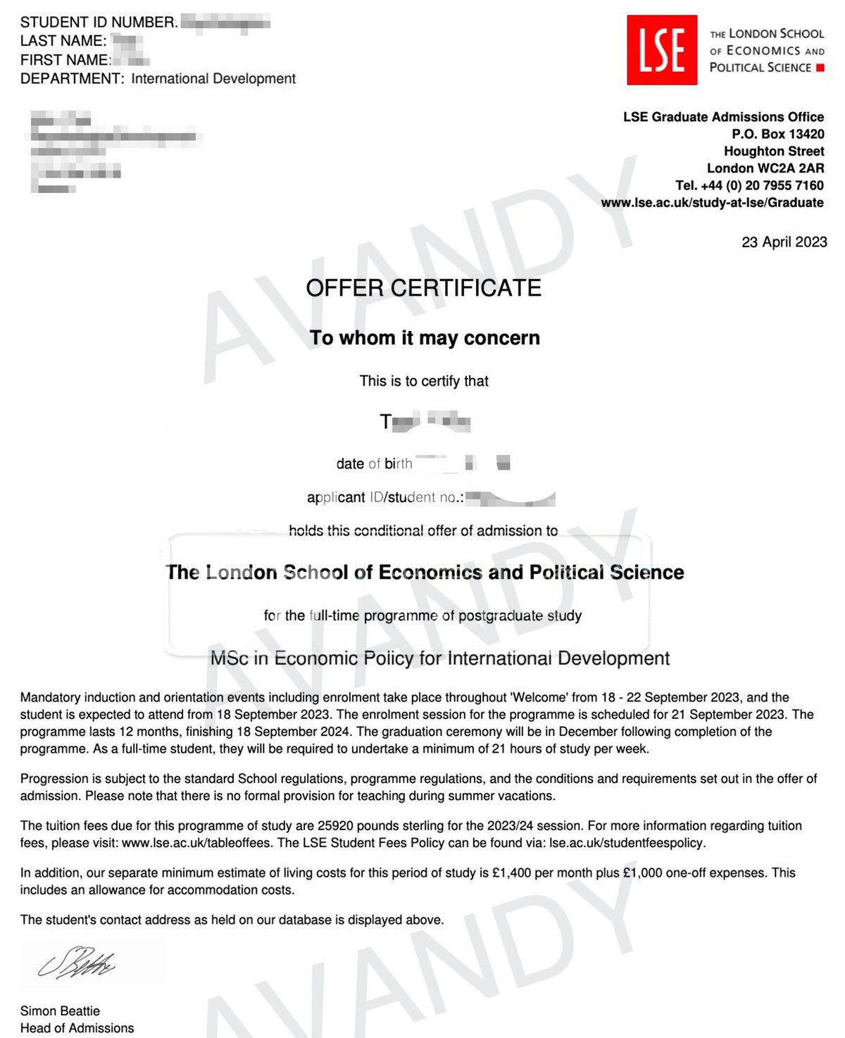 Documentación verificada de la oferta de MSc Economic Policy for International Development en London School of Economics and Political Science