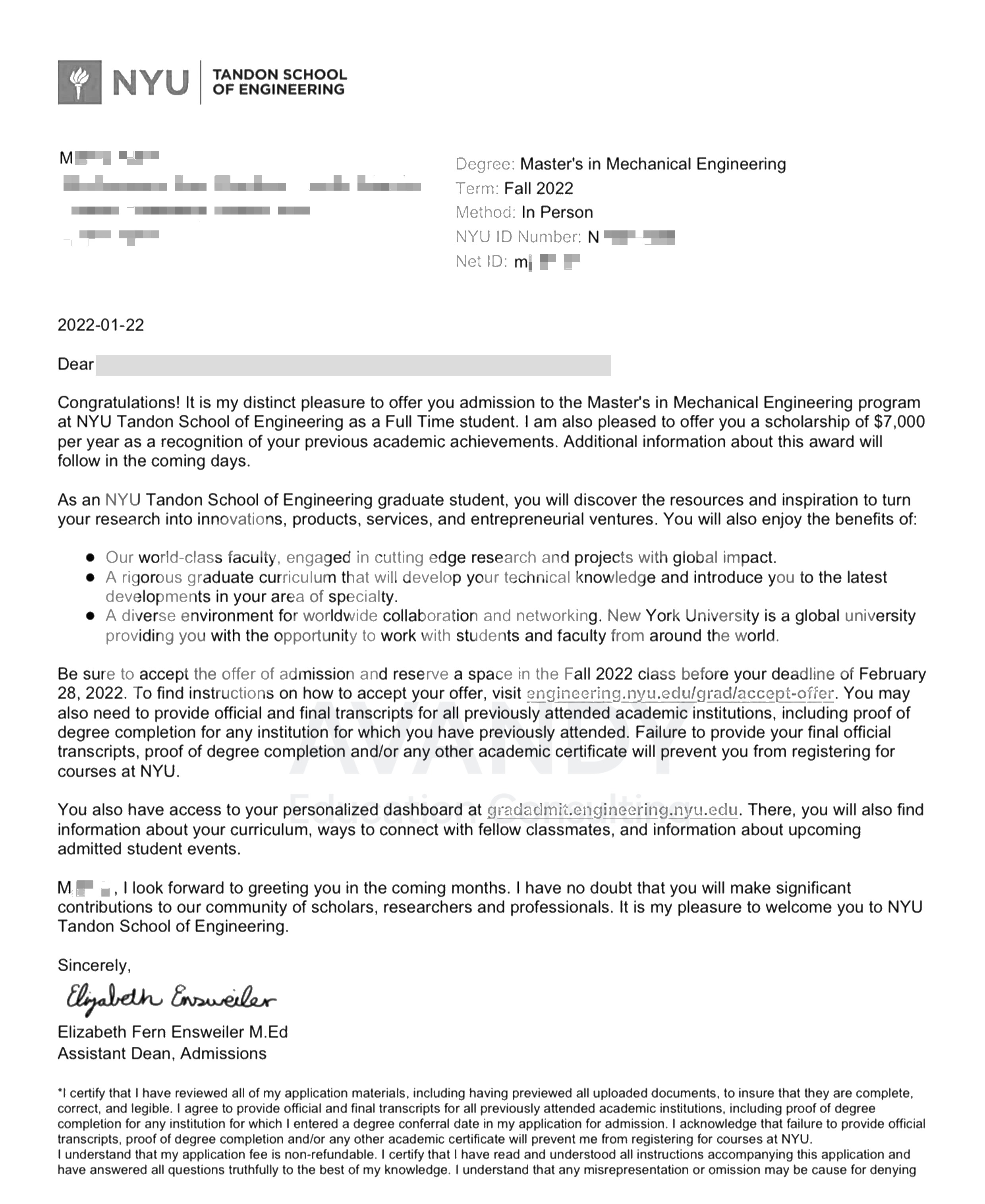 Documentación verificada del resultado de admisión