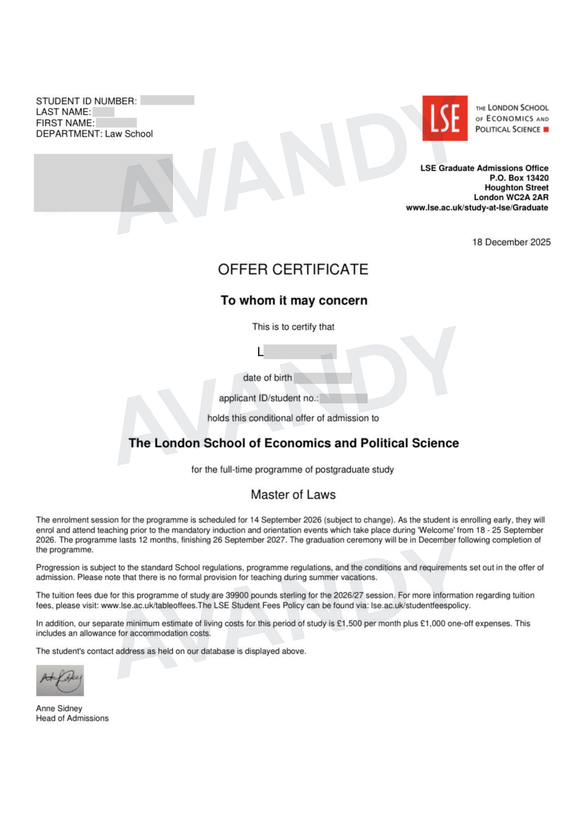 Documento verificado del resultado de admisión