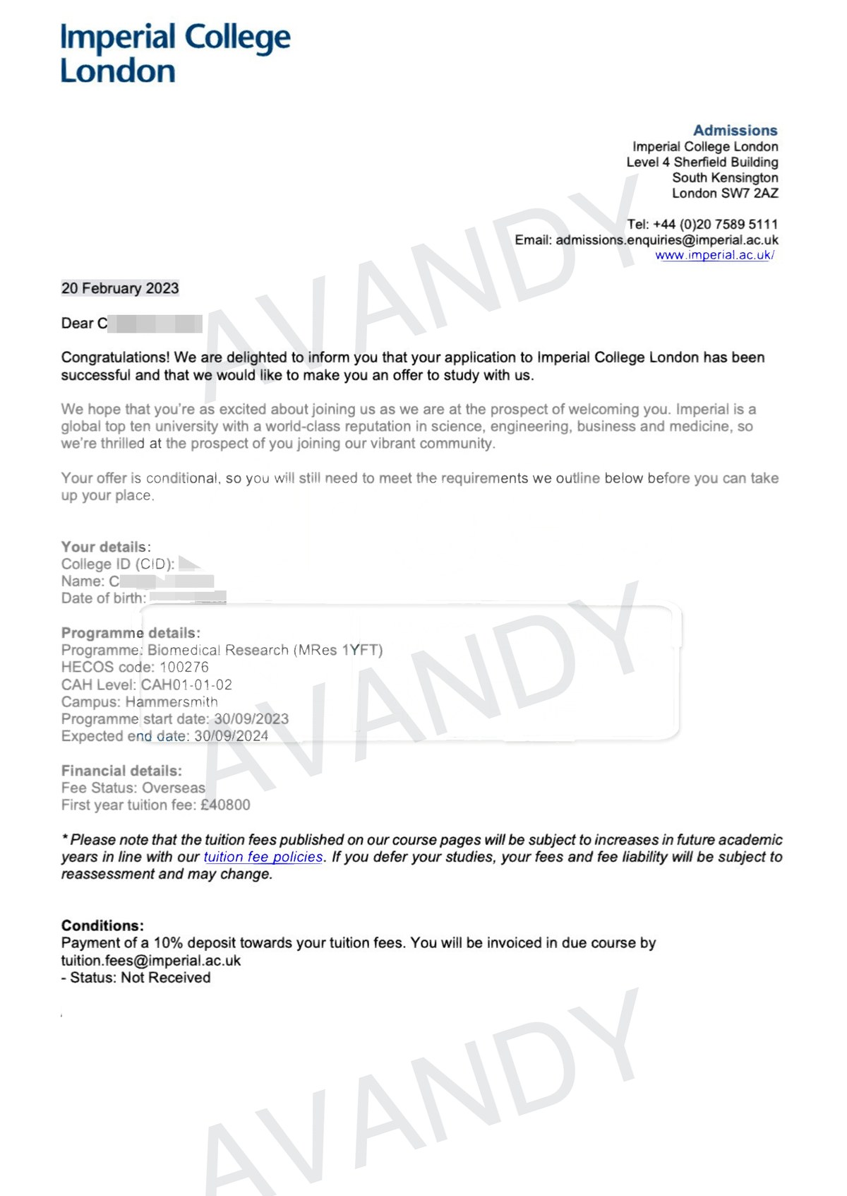 Documentación verificada de la oferta de MRes Biomedical Research en Imperial College London