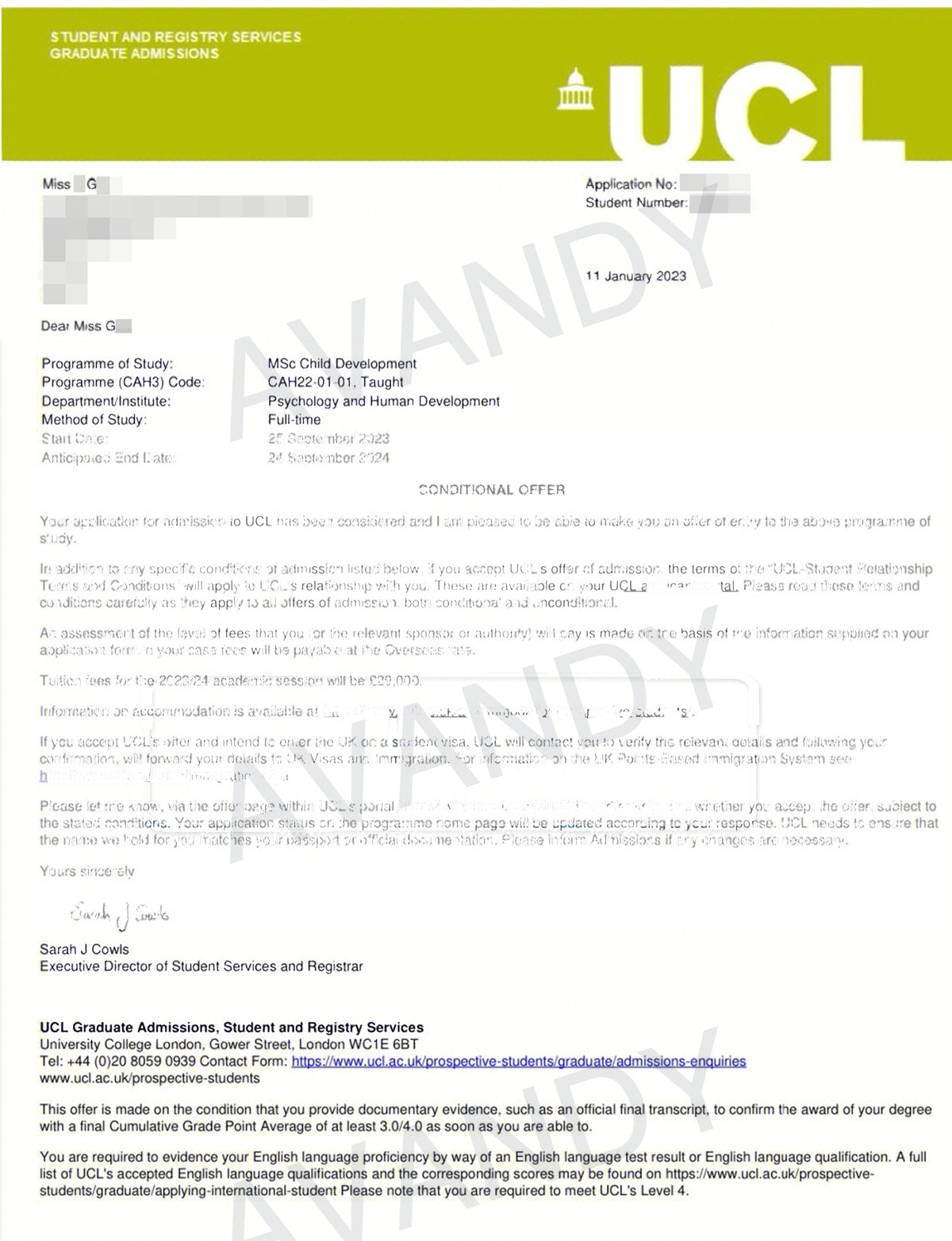 Documentación verificada de la oferta de MSc Child Development en UCL